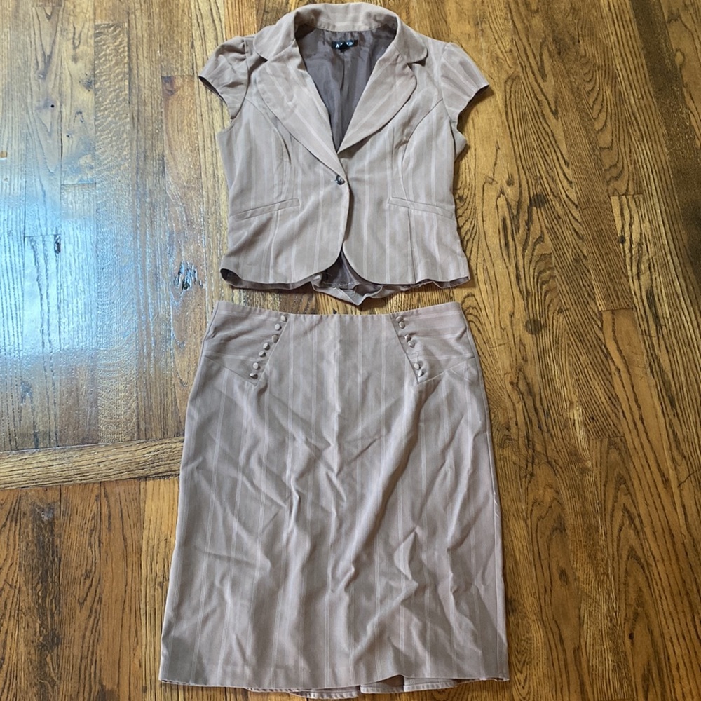 A. Byer Taupe Pinstripe Skirt Set - Short Sleeve Blazer & Pencil Skirt
